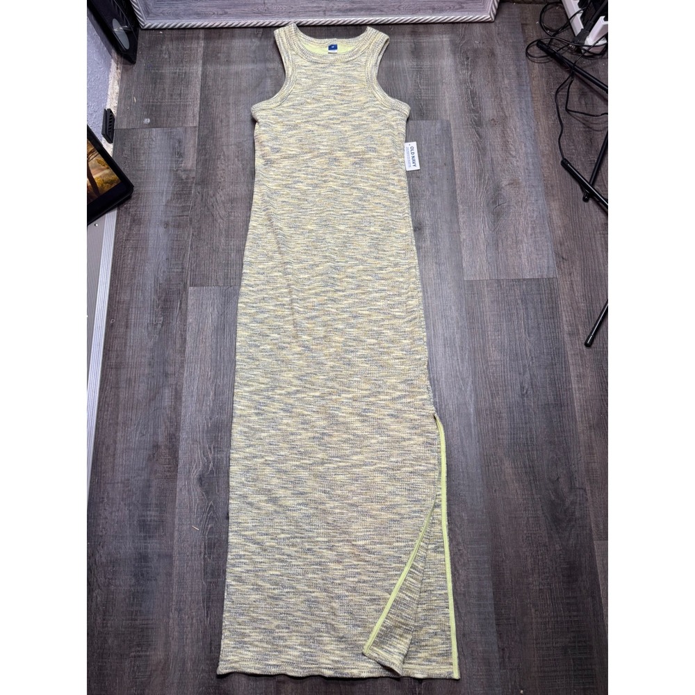Old Navy Womens XS Space Dye Knit Maxi Dress Yellow Racerback Built-in Bra NWT